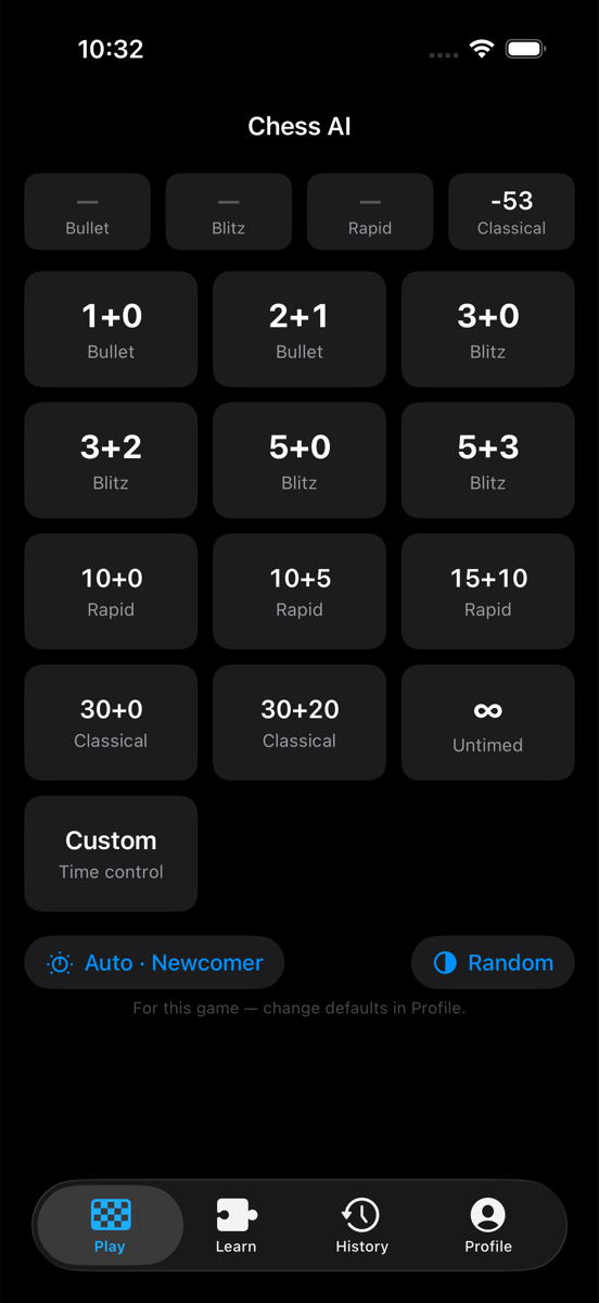 Home screen: time control tiles and ratings