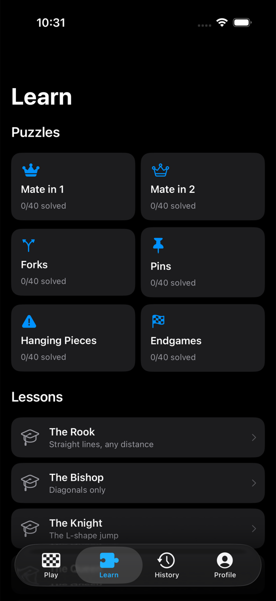 Learn tab: puzzle categories and lessons